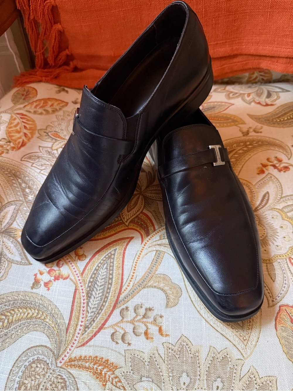 Bruno Magli Black Leather Slip-On Loafers with Silver Accent